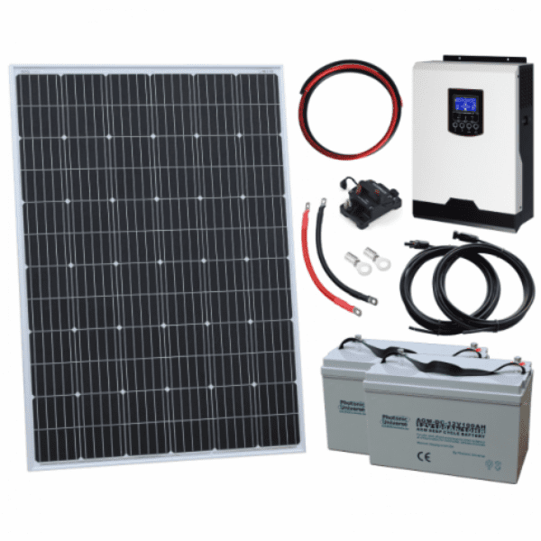 250W 12V Complete Off-Grid Solar Power System With 250W Solar Panel, 1Kw Hybrid Inverter And 2 X 100Ah Batteries