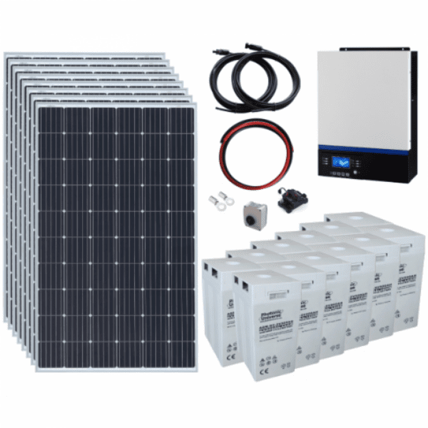 2.4Kw 24V Complete Off-Grid Solar Power System With 8 X 300W Solar Panels, 3Kw Hybrid Inverter And A 12Kwh Battery Bank