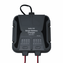 Waterproof 5A 12V dual-output mains battery charger for lead-acid, calcium and lithium batteries