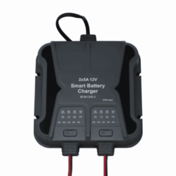 Waterproof 5A 12V dual-output mains battery charger for lead-acid, calcium and lithium batteries