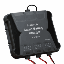Waterproof 10A 12V triple-output mains battery charger for lead-acid, calcium and lithium batteries