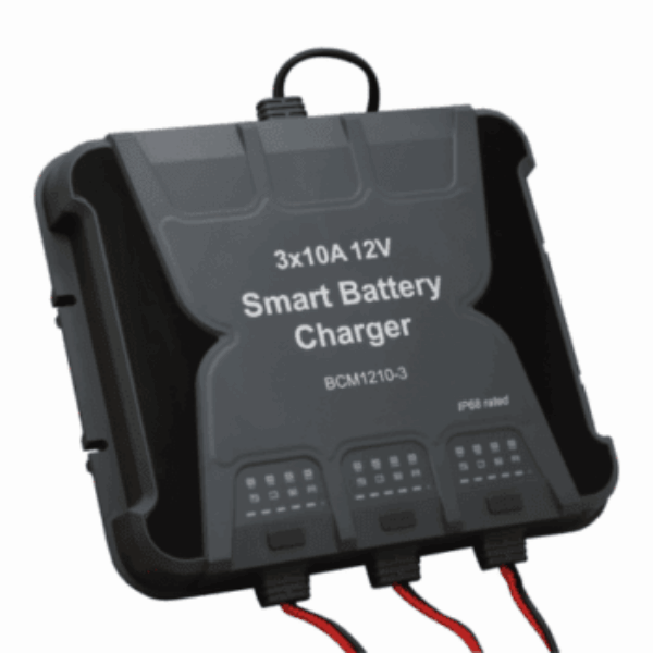 Waterproof 10A 12V triple-output mains battery charger for lead-acid, calcium and lithium batteries