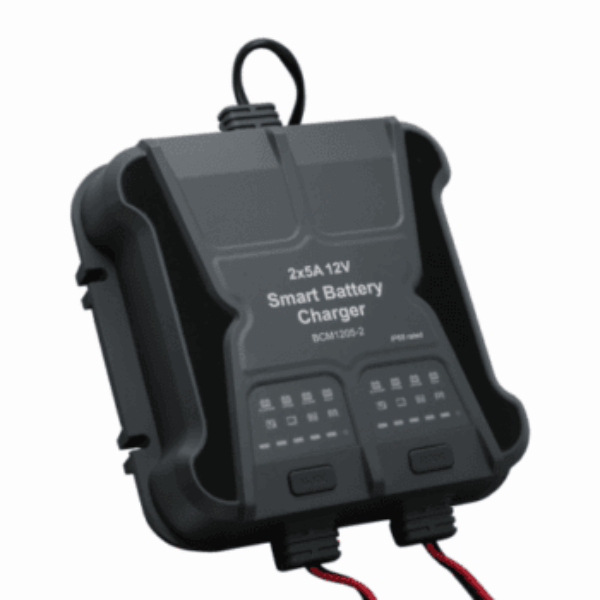 Waterproof 5A 12V dual-output mains battery charger for lead-acid, calcium and lithium batteries