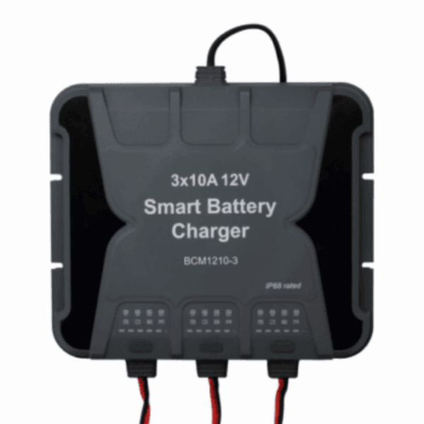 Waterproof 10A 12V triple-output mains battery charger for lead-acid, calcium and lithium batteries