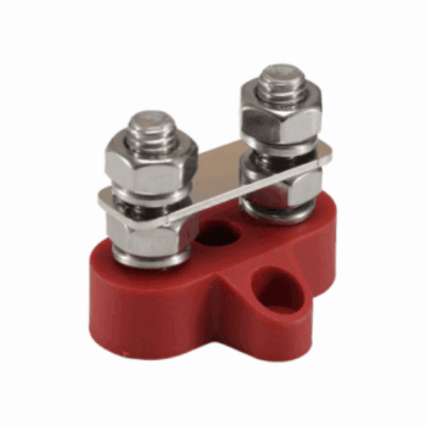 150A 48V red 2 way copper busbar with M8 terminals
