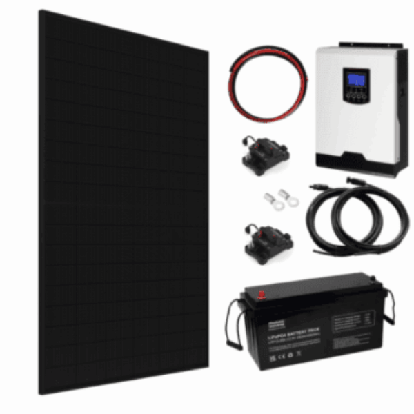 1kW Complete Off-grid solar power system with 430W Sharp solar panel, 1kW hybrid inverter and 200Ah lithium battery