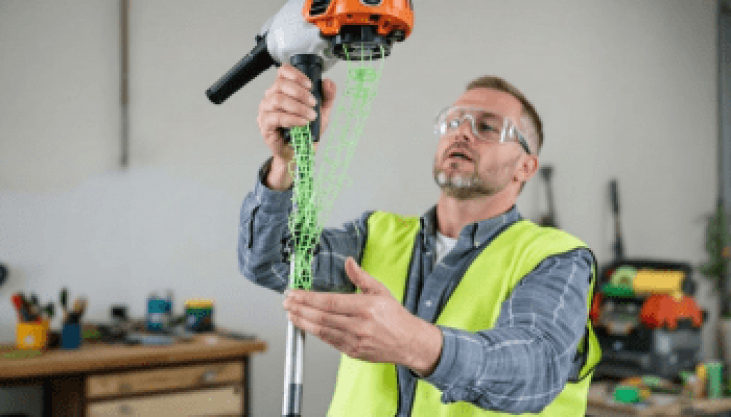 A person testing a grass trimmer after replacing the line.