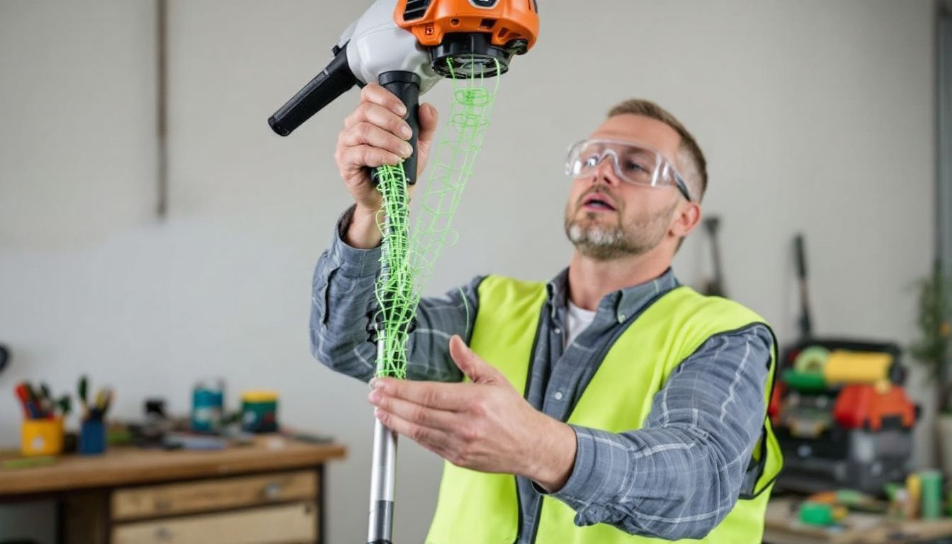 A person testing a grass trimmer after replacing the line.