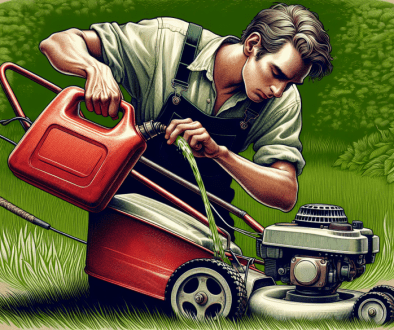 A petrol lawnmower being filled with fresh fuel