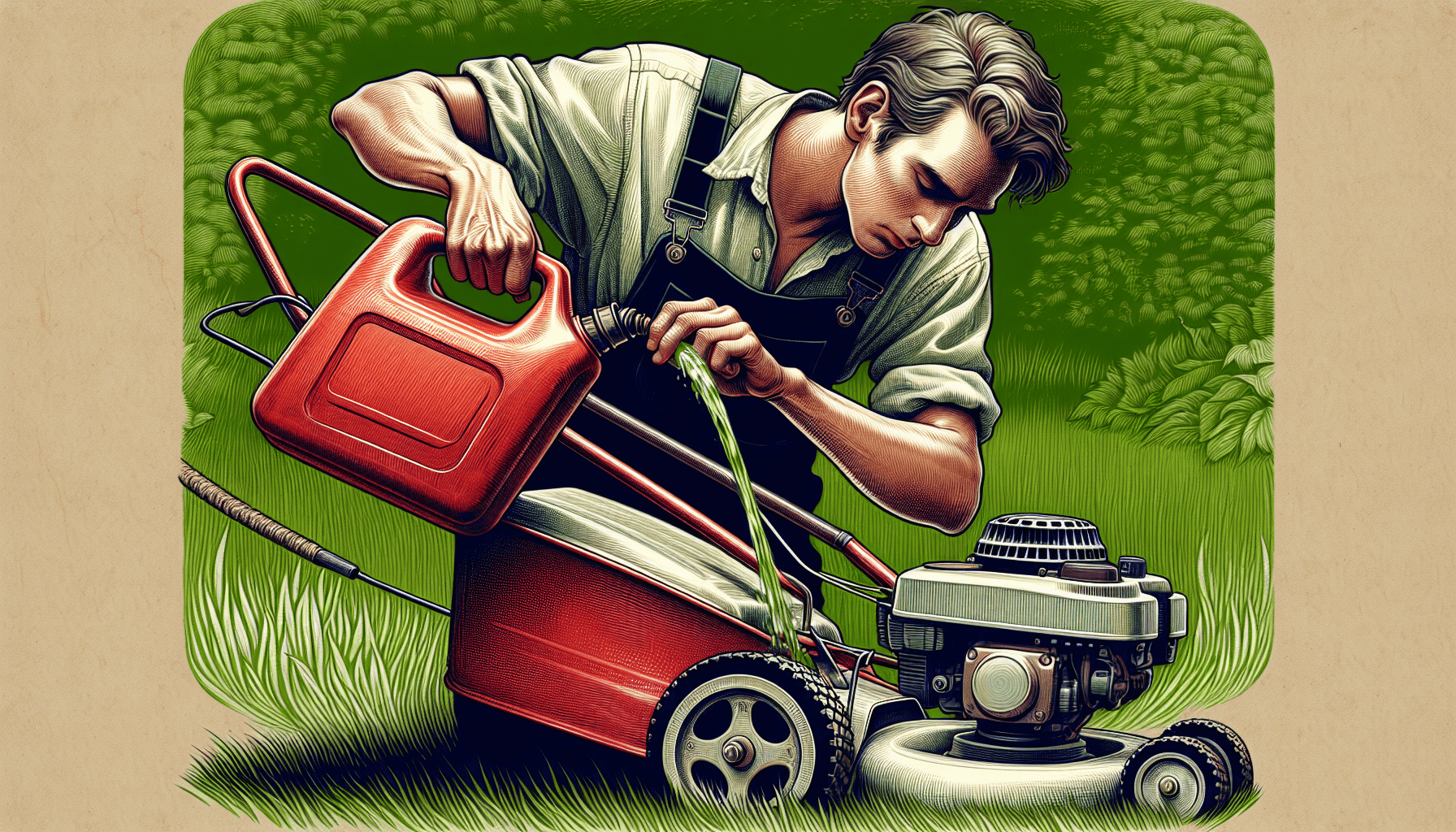 A petrol lawnmower being filled with fresh fuel