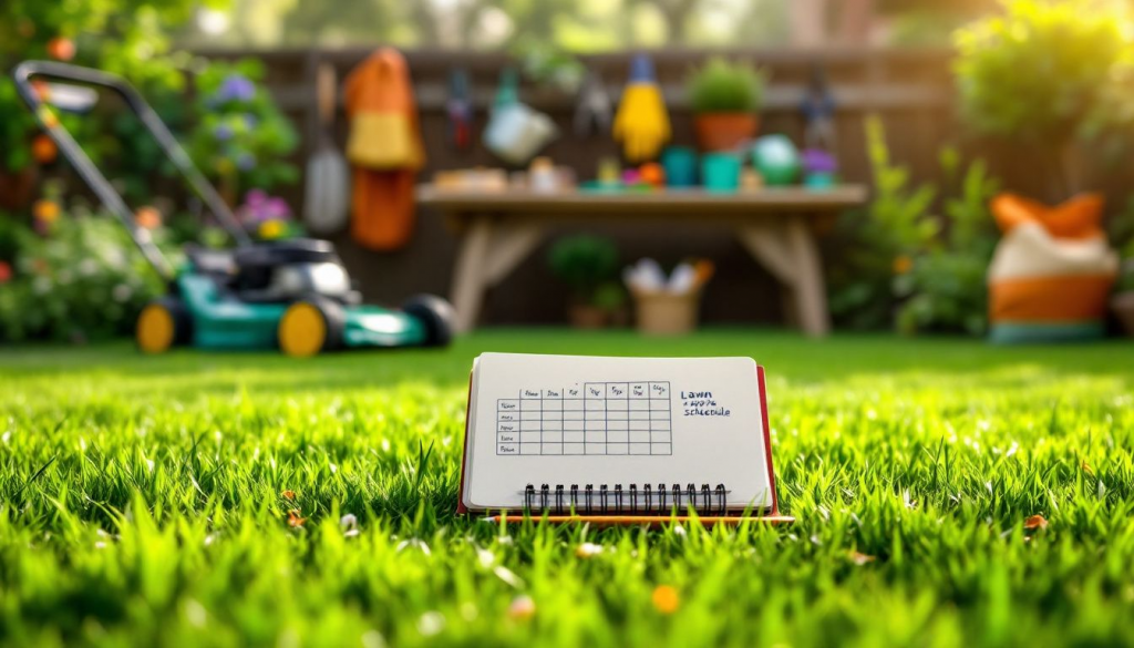 A well-maintained lawn with tools nearby.