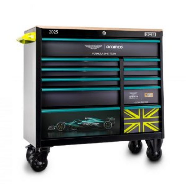 Aston Martin Aramco Formula One® Team x JCB 42” Steel 11 Drawer Roller Cabinet with Hardwood Worktop | Limited Edition