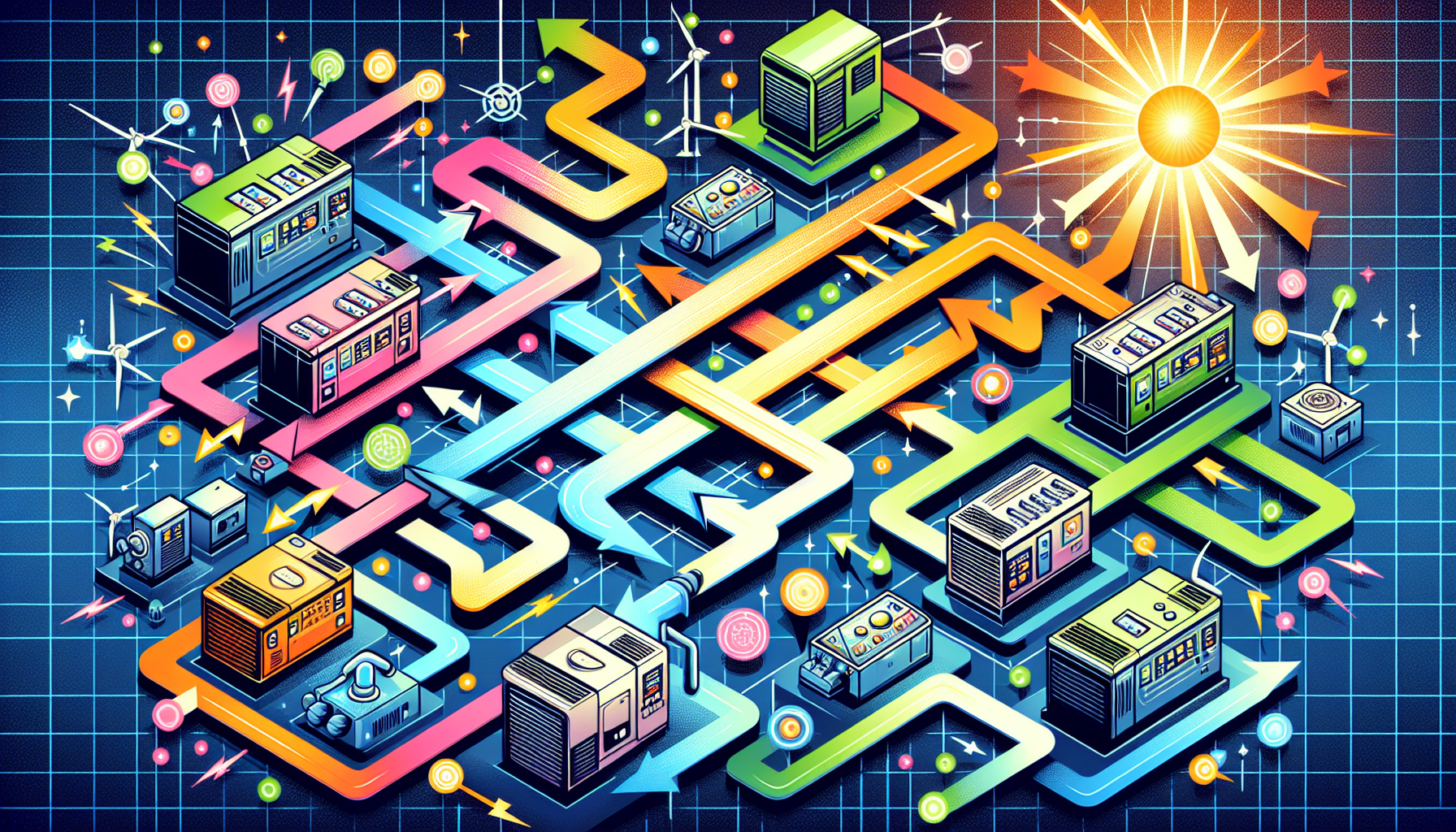 An illustration depicting the concept of paralleling generators, showcasing multiple generators working together.