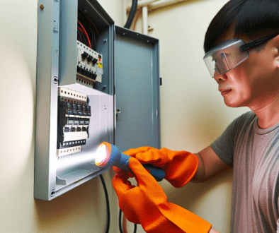 Person checking the circuit breaker in a home