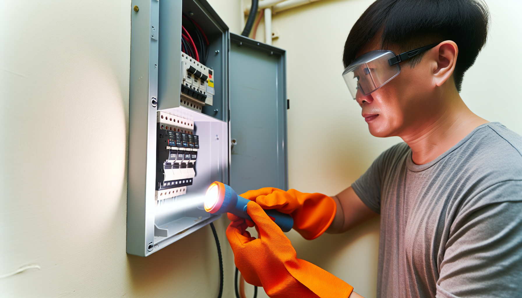 Person checking the circuit breaker in a home