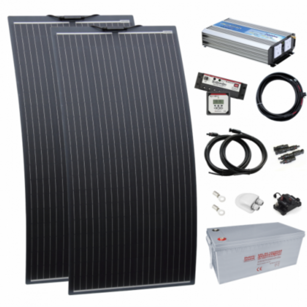 2kw complete dual battery van conversion kit with 2 x 160w black semi-flexible solar panels, 200ah 12v battery and 2000w 230v pure sine wave inverter VANDBKIT-2000
