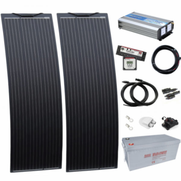 1.5kw complete dual battery van conversion kit with 2 x 150w black narrow semi-flexible solar panels, 200ah 12v battery and 1500w 230v pure sine wave inverter VANDBKIT-1500