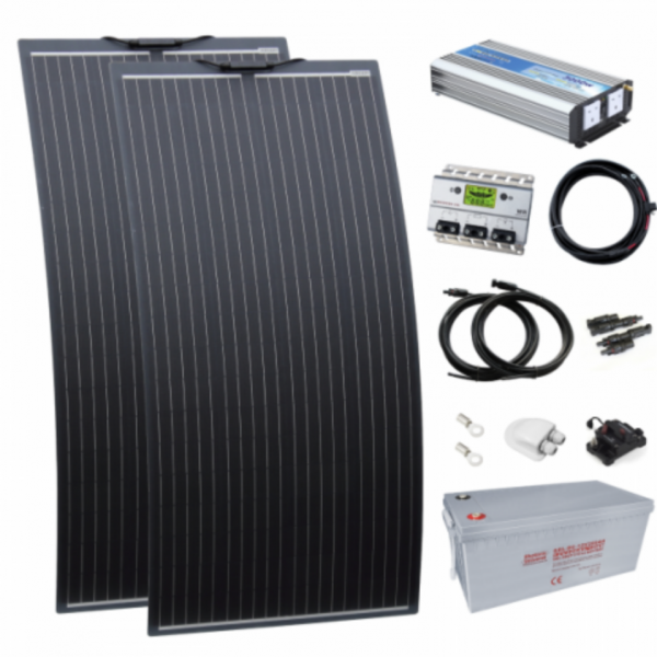 3kw complete van conversion kit with 2 x 160w black semi-flexible solar panel, 200ah 12v battery and 3000w 230v pure sine wave inverter VANKIT-3000