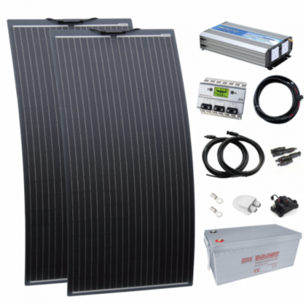 2kw complete van conversion kit with 2 x 160w black semi-flexible solar panel, 200ah 12v battery and 2000w 230v pure sine wave inverter VANKIT-2000