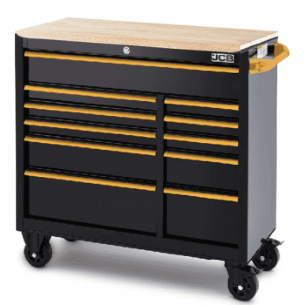 JCB Classic Design 42’’ Roller Tool Cabinet, 11 Drawers, Steel with Hardwood Worktop