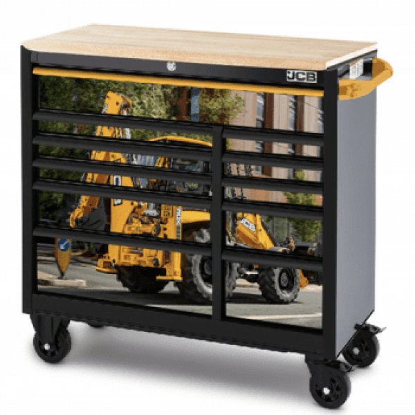 JCB 42’’ Roller Tool Cabinet, 11 Drawers, Steel With Hardwood Worktop And Backhoe Loader Wrap | JCBBHLRCBB