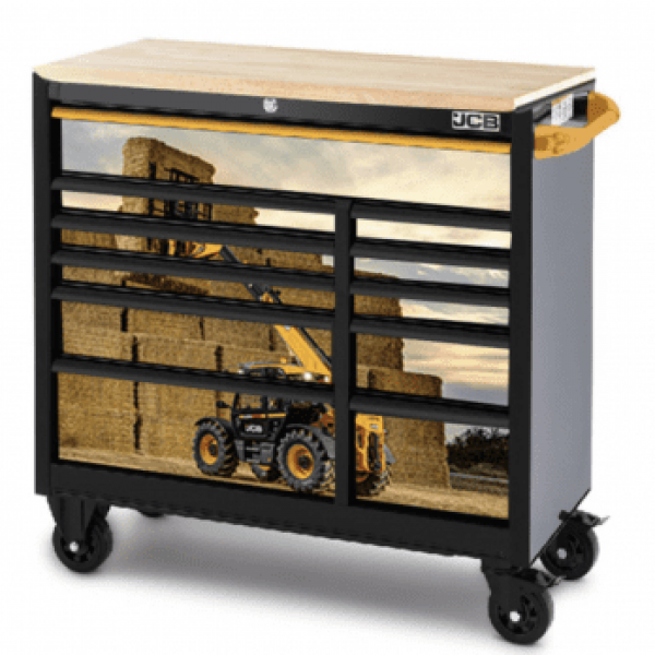 JCB 42’’ Roller Tool Cabinet, 11 Drawers, Steel With Hardwood Worktop And Telehandler Wrap | JCBTLHRCBB