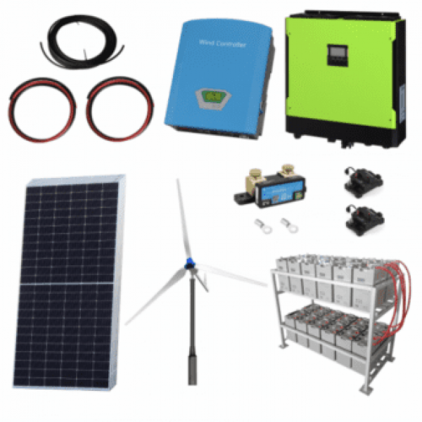 1Kw Grid-Tie Wind Power Kit With 3.2Kw Sharp Solar Panels, 5.5Kw Hybrid Inverter And 24Kwh Battery Bank