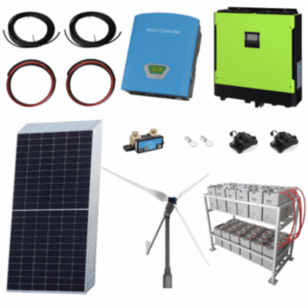 2Kw Grid-Tie Wind Power Kit With 5.4Kw Sharp Solar Panels, 5.5Kw Hybrid Inverter And 24Kwh Battery Bank