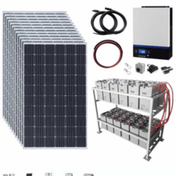 3.6Kw 48V Complete Off-Grid Solar Power System With 12 X 300W Solar Panels, 5Kw Hybrid Inverter And A 24Kwh Battery Bank