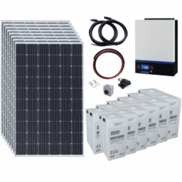 2.4Kw 24V Complete Off-Grid Solar Power System With 8 X 300W Solar Panels, 3Kw Hybrid Inverter And A 12Kwh Battery Bank
