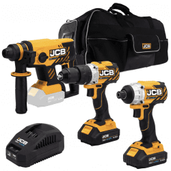 JCB 18V Brushless Combi Drill, Impact Driver & Hammer Drill Kit, 2 x 2Ah Li-Ion Batteries, Charger and 26'' Kit Bag | 21-18BL3PK-2