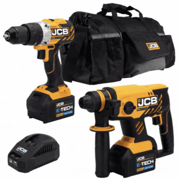 JCB 18V Brushless Combi Drill & Hammer Drill SDS Kit, 2x 5.0ah Li-Ion Batteries, Charger, 20" Kit Bag | 21-18BLTPKSDS-5